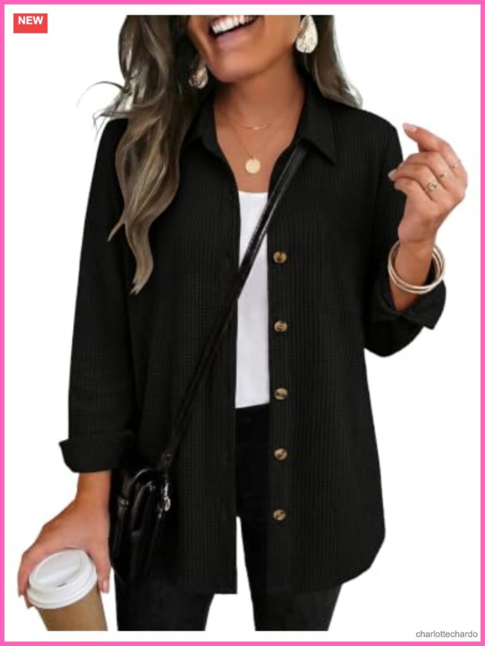 Women's Waffle Knit Shacket Button Down Long Sleeve Top with Pocket